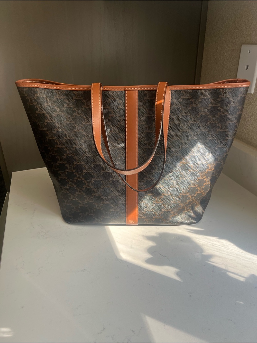 Celine Cabas Triomphe Tote Bag Canvas Leather Black Brown